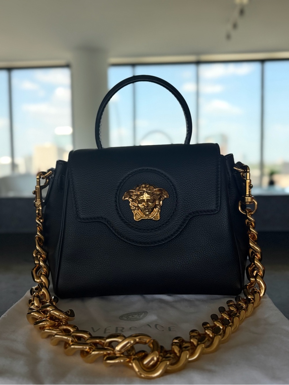 Versace Black Leather Satchel with Gold Medusa Chain